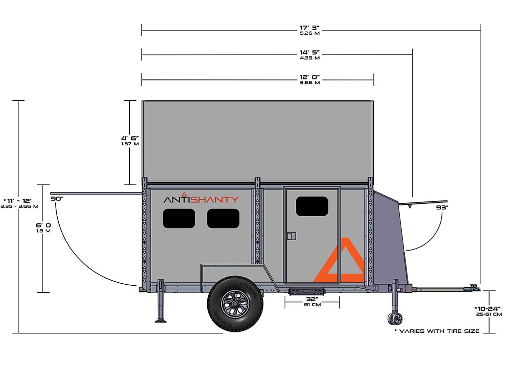 Antishanty Side View Camping Mode Setup with Dimensions