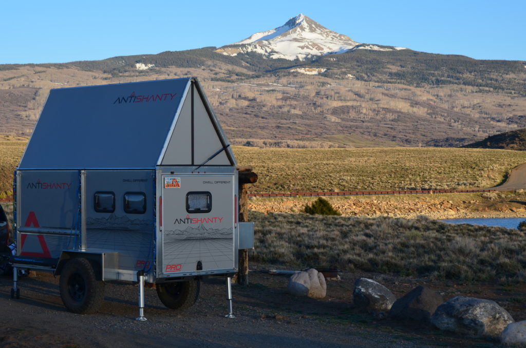 AntiShanty Pro Model in the wilderness - deluxe teardrop travel trailer with a-frame roof